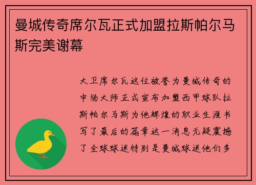 曼城传奇席尔瓦正式加盟拉斯帕尔马斯完美谢幕