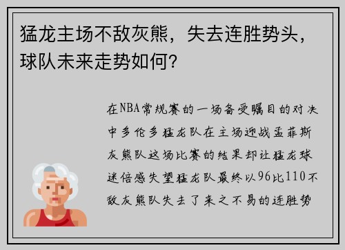 猛龙主场不敌灰熊，失去连胜势头，球队未来走势如何？